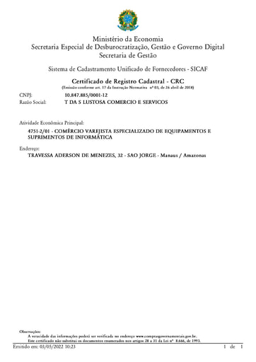PREGÃO ELETRÔNICO Nº 018/2022 - SICAF E CNDT - GRUPO 1 - T DA S LUSTOSA