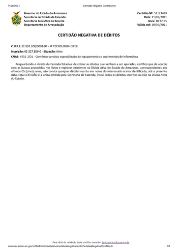 PREGÃO ELETRÔNICO Nº 034/2021 - HABILITAÇÃO - DOCUMENTOS RETIRADOS DO SICAF E SITES - JF TECNOLOGIA