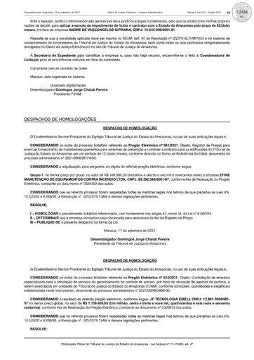 PREGÃO ELETRÔNICO Nº 034/2021 - DESPACHO DE HOMOLOGAÇÃO (DJE)