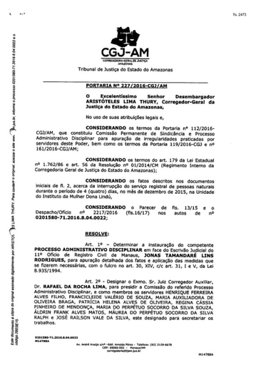 Portaria nº227/2016-CGJ/AM (Instaura Procedimento Administrativo Disciplinar - PAD; Processo nº 0201580-71.2016.8.04.0022)