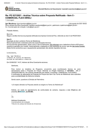 PREGÃO ELETRÔNICO Nº 037/2021 – DILIGÊNCIA CPL À DIVISÃO DE PATRIMÔNIO - PROPOSTA RETIFICADA - ITEM 5 - COMERCIAL FLEX