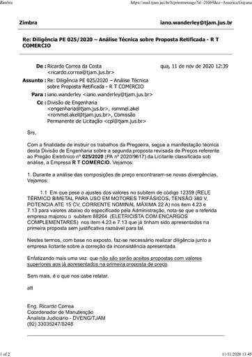PREGÃO ELETRÔNICO Nº 025/2020 - DILIGÊNCIA CPL À DIVISÃO DE ENGENHARIA - PROPOSTA RETIFICADA - R T COMERCIO