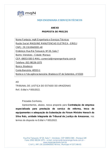 PREGÃO ELETRÔNICO Nº 005/2022 - PROPOSTA - ITEM 1 - MAQUINE