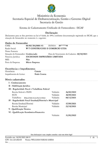 PREGÃO ELETRÔNICO Nº 042/2021 - HABILITAÇÃO - DOCUMENTOS COMPLEMENTARES - WT