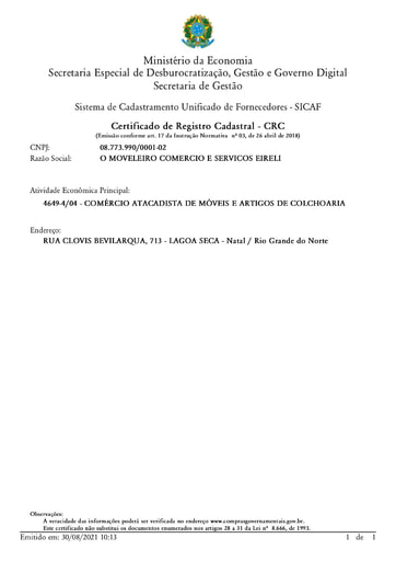 PREGÃO ELETRÔNICO Nº 037/2021 – HABILITAÇÃO - SICAF E CNDT - ITEM 9 - O MOVELEIRO