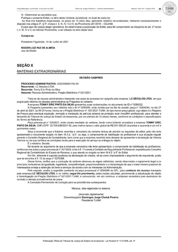 PREGÃO ELETRÔNICO Nº 021/2021 - DECISÃO RECURSO (DJE)