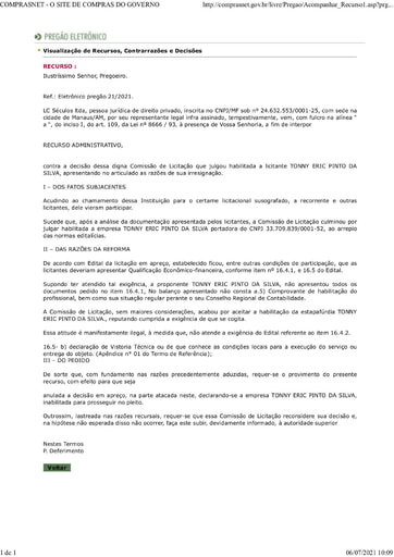 PREGÃO ELETRÔNICO Nº 021/2021 - RAZÕES RECURSAIS - LC SÉCULOS