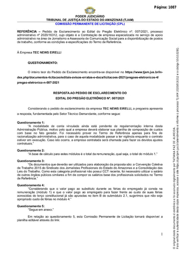 PREGÃO ELETRÔNICO Nº 007/2021 – RESPOSTA AO PEDIDO DE ESCLARECIMENTO 1 - TEC NEWS