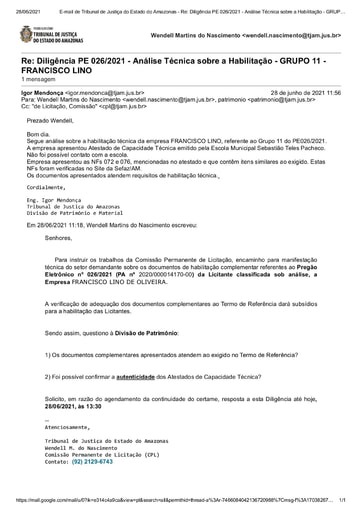 PREGÃO ELETRÔNICO Nº 026/2021 - DILIGÊNCIA CPL À DIVISÃO DE PATRIMÔNIO - DOCUMENTAÇÃO - GRUPO 11 - FRANCISCO LINO