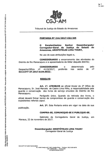 Portaria nº213/2017-CGJ/AM (Autoriza o Dr. Áldrin Henrique de Castro Rodrigues a realizar o casamento no dia 10/12/2017)