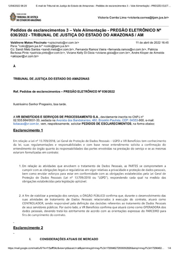 PREGÃO ELETRÔNICO Nº 036/2022 - 3º PEDIDO DE ESCLARECIMENTO - VR BENEFÍCIOS