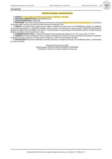 PUBLICAÇÃO NO DJE DO 1º TERMO ADITIVO AO CONTRATO ADMINISTRATIVO Nº 029/2025 - FUNJEAM X TELEFÔNICA CLOUD E TECNOLOGIA DO BRASIL S.A (incorporadora da IPNET Serviços em Nuvem e Desenvolvimento de Sistemas LTDA)