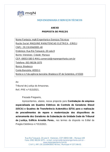 PREGÃO ELETRÔNICO Nº 013/2021 - PROPOSTA - MAQUINE