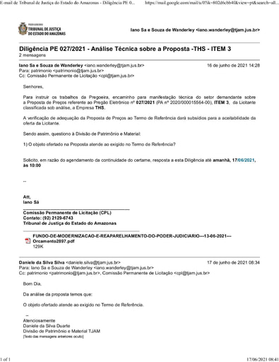 PREGÃO ELETRÔNICO Nº 027/2021 - DILIGÊNCIA CPL À DIVISÃO DE PATRIMÔNIO - PROPOSTA - THS - ITEM 3