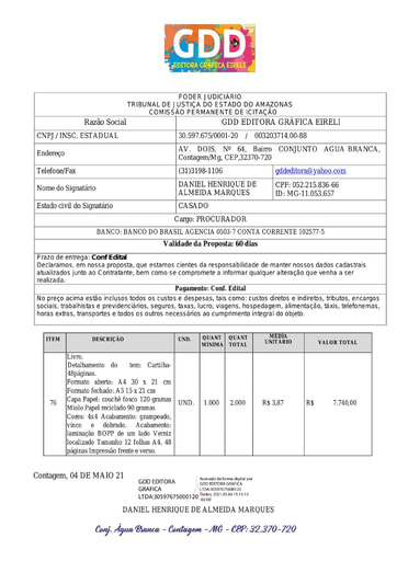 PREGÃO ELETRÔNICO Nº 023/2021 – PROPOSTA RETIFICADA - GDD EDITORA - ITEM 76