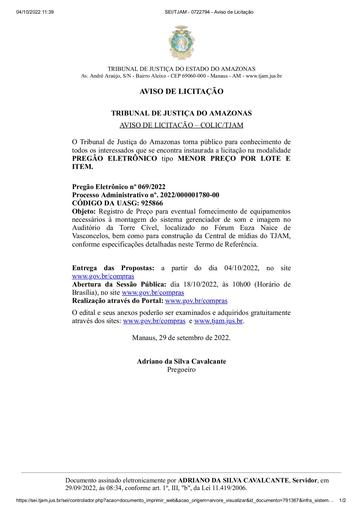 PREGÃO ELETRÔNICO Nº 069/2022 - AVISO DE LICITAÇÃO