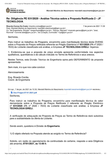 PREGÃO ELETRÔNICO Nº 031/2020 - DILIGÊNCIA CPL À DIVISÃO DE ENGENHARIA - PROPOSTA RETIFICADA 2 - JF TECNOLOGIA