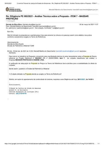 PREGÃO ELETRÔNICO Nº 002/2021 – DILIGÊNCIA CPL À DIVISÃO DE PATRIMÔNIO E MATERIAL - PROPOSTA - ITEM 7 - MASSAR PROTEÇÃO