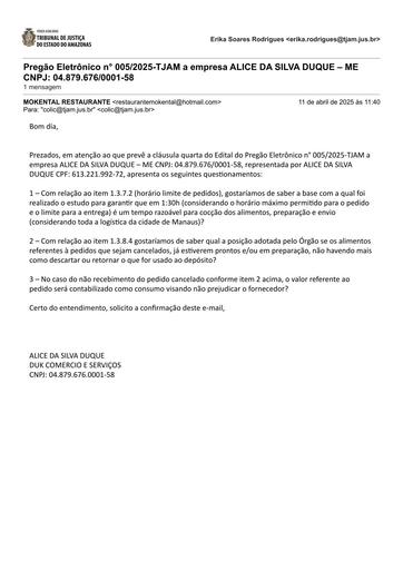 PREGÃO ELETRÔNICO Nº 005/2025 - PEDIDO DE ESCLARECIMENTO - ALICE DA SILVA DUQUE – ME