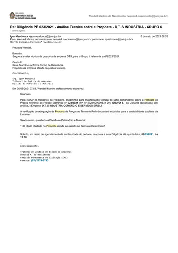 PREGÃO ELETRÔNICO Nº 023/2021 – DILIGÊNCIA CPL À DIVISÃO DE PATRIMÔNIO - PROPOSTA - D.T. S INDUSTRIA - GRUPO 6