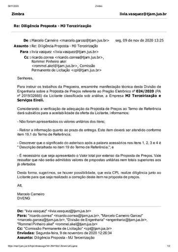 PREGÃO ELETRÔNICO Nº 024/2020 - DILIGÊNCIA CPL À DIVISÃO DE ENGENHARIA - PROPOSTA - MJ TERCEIRIZAÇÃO