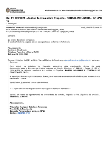 PREGÃO ELETRÔNICO Nº 026/2021 - DILIGÊNCIA CPL À DIVISÃO DE PATRIMÔNIO - PROPOSTA - GRUPO 12 - PORTAL INDÚSTRIA