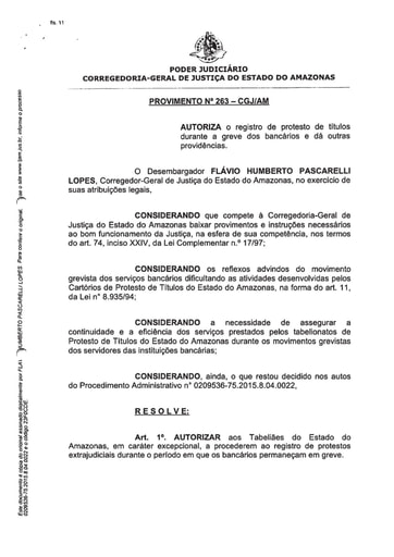 PROVIMENTO 263 - Autoriza o registro de protesto de títulos durante a greve dos bancários