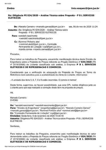 PREGÃO ELETRÔNICO Nº 024/2020 - DILIGÊNCIA CPL À DIVISÃO DE ENGENHARIA - PROPOSTA - P B L SERVIÇOS