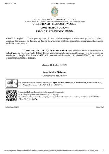 PREGÃO ELETRÔNICO Nº 027/2026 - COMUNICADO DE SUBSTITUIÇÃO DE PREGOEIRO