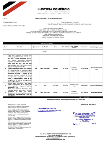 PREGÃO ELETRÔNICO Nº 018/2022 - PROPOSTA - GRUPO 1 - T DA S LUSTOSA
