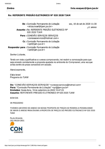 PREGÃO ELETRÔNICO Nº 020/2020 - E-MAIL - CONEXÃO COMÉRCIO