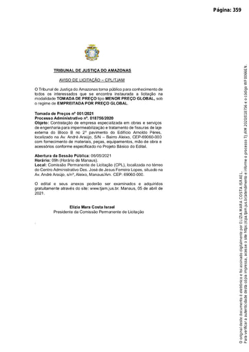 TOMADA DE PREÇOS Nº 001/2021 - AVISO DE LICITAÇÃO