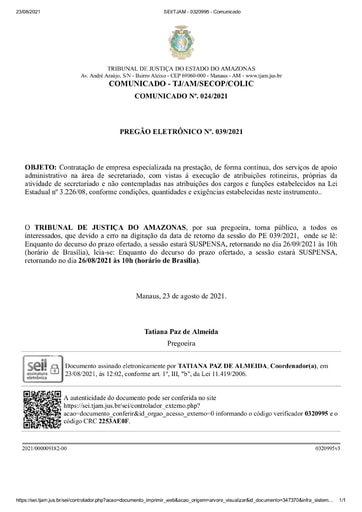 PREGÃO ELETRÔNICO Nº 039/2021 - COMUNICADO 024/2021 - DATA DA SESSÃO