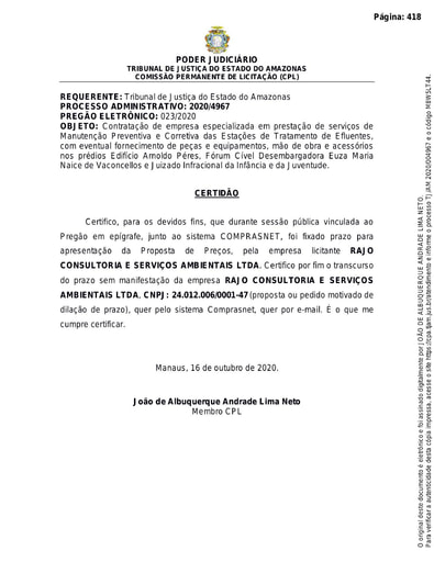 PREGÃO ELETRÔNICO Nº 023/2020 - CERTIDÃO DECURSO DE PRAZO - RAJO