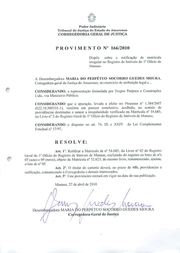 Provimento 166 - Dispõe sobre a retificação de matrícula irregular do Registro de Imóveis do 1º Ofício de Manaus