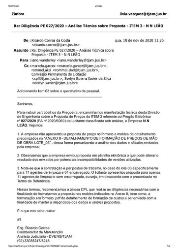 PREGÃO ELETRÔNICO Nº 027/2020 - DILIGÊNCIA CPL À DIVISÃO DE ENGENHARIA - PROPOSTA ITEM 3 - N N LEÃO