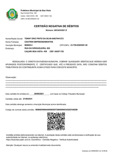 PREGÃO ELETRÔNICO Nº 021/2021 - DOC. RETIRADO DE SITE - CERT. NEG. MUNICIPAL - TONNY ERIC