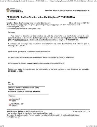 PREGÃO ELETRÔNICO Nº 039/2021 - DILIGÊNCIA COLIC À DVCOP- HABILITAÇÃO - JF TECNOLOGIA