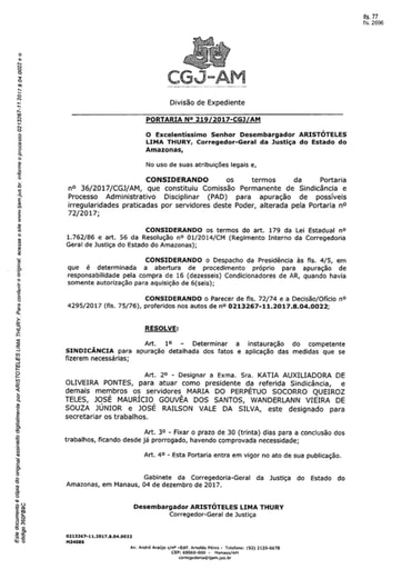 Portaria nº 219/2017-CGJ/AM (Instaura Sindicância - Processo nº 0213267-11.2017.8.04.0022)