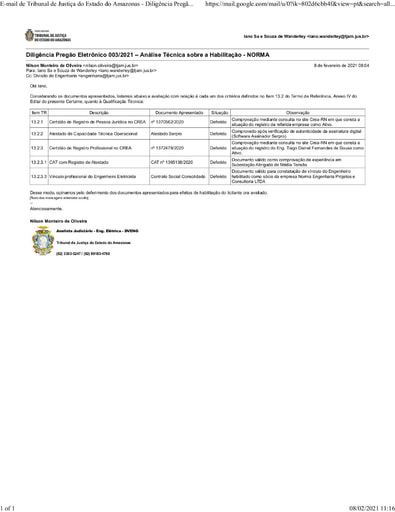 PREGÃO ELETRÔNICO Nº 003/2021 - DILIGÊNCIA CPL À DIVISÃO DE ENGENHARIA - DOCUMENTOS COMPLEMENTARES - NORMA ENGENHARIA