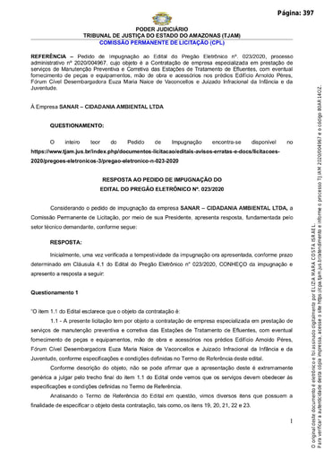 PREGÃO ELETRÔNICO Nº 023/2020 - RESPOSTA AO PEDIDO DE IMPUGNAÇÃO - SANAR