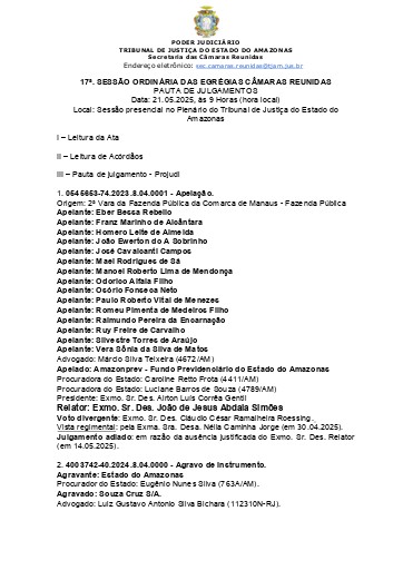 17ª Sessão ordinária de julgamento das E. Câmaras Reunidas - 21.05.2025, às 9 Horas (hora local)