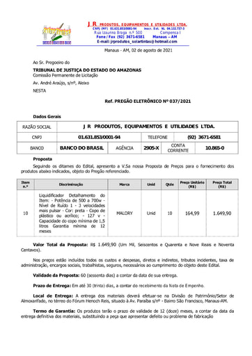 PREGÃO ELETRÔNICO Nº 037/2021 - PROPOSTA RETIFICADA - ITEM 10 - JR PRODUTOS