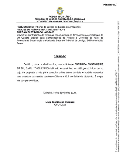 PREGÃO ELETRÔNICO Nº 016/2020 - CERTIDÃO - ENERGIZA ENGENHARIA EIRELI