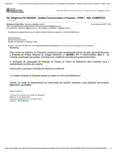 PREGÃO ELETRÔNICO Nº 002/2021 – DILIGÊNCIA CPL À DIVISÃO DE PATRIMÔNIO E MATERIAL - PROPOSTA - ITEM 7 - RSL COMÉRCIO