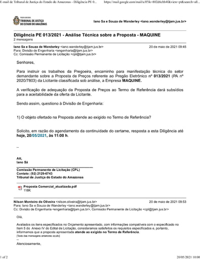 PREGÃO ELETRÔNICO Nº 013/2021 - DILIGÊNCIA CPL À DIVISÃO DE ENGENHARIA - PROPOSTA - MAQUINE