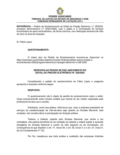 PREGÃO ELETRÔNICO Nº 028/2020 - RESPOSTA AO PEDIDO DE ESCLARECIMENTO - FÁBIO LOPES
