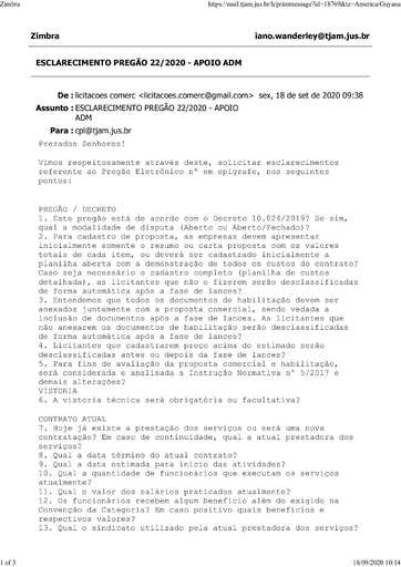 PREGÃO ELETRÔNICO Nº 022/2020 - PEDIDO DE ESCLARECIMENTO - LICITAÇÕES COMERC