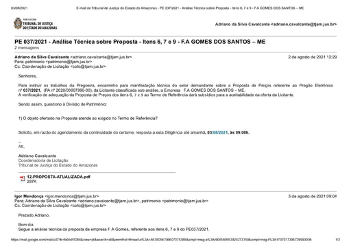 PREGÃO ELETRÔNICO Nº 037/2021 – DILIGÊNCIA CPL À DIVISÃO DE PATRIMÔNIO - ITENS 6, 7 E 9 - F A GOMES﻿