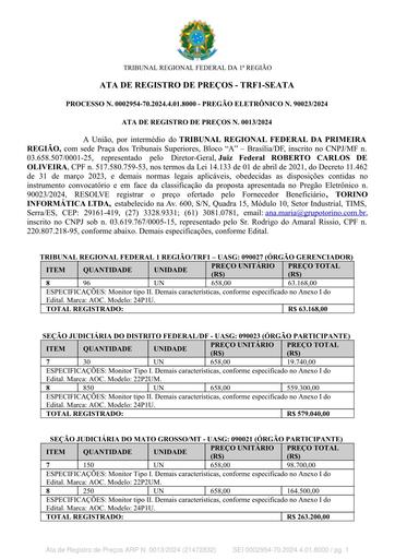 Adesão à ARP 0013/2024 PE 90023/2024 - TRIBUNAL REGIONAL FEDERAL DA 1ª REGIÃO (TRF 1-SEATA)